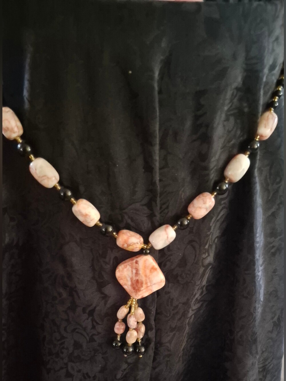 Pink Stone Beaded Pendant Necklace - Women Jewelry Black Onix And Shells. Heavy